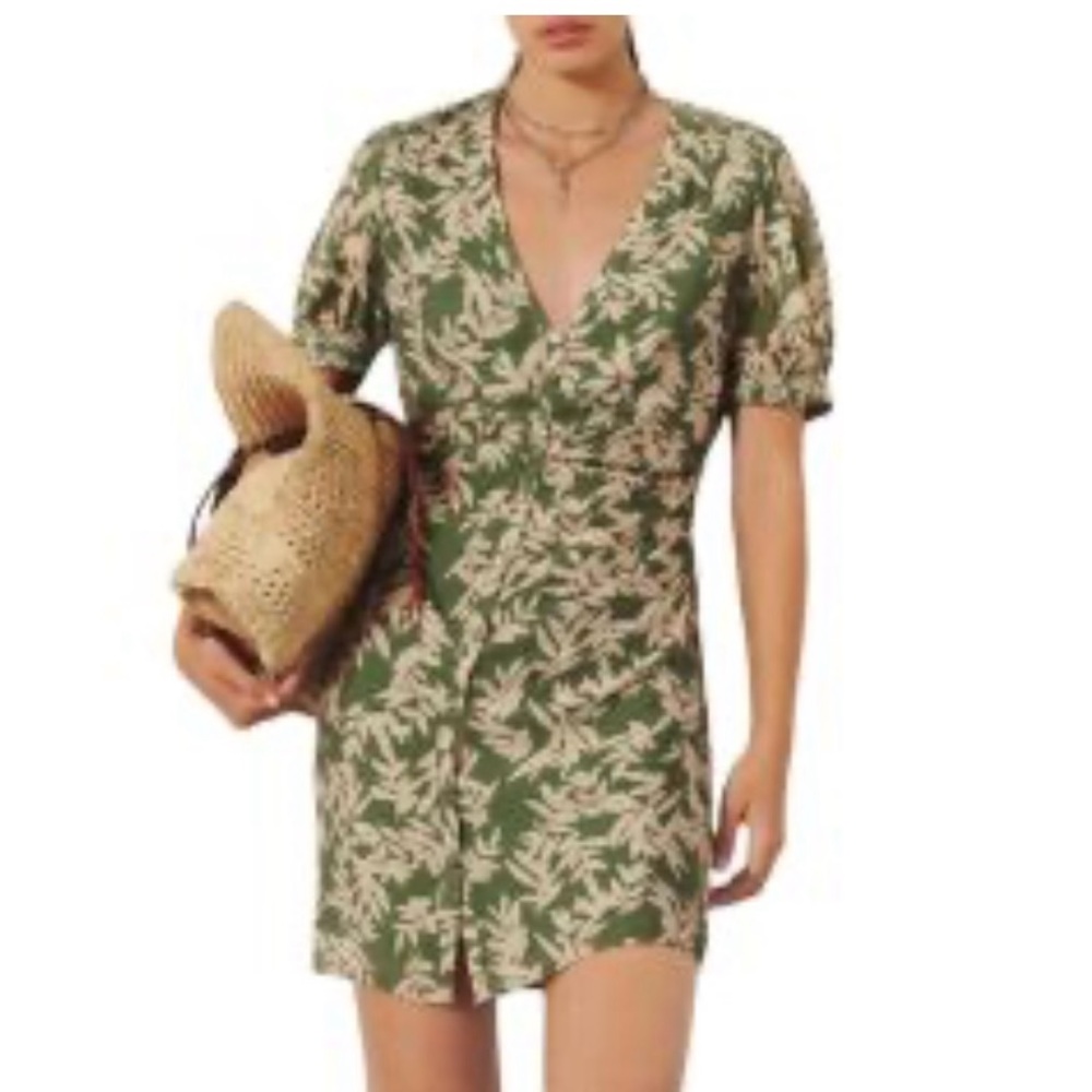 ba&sh Olive and Beige Leaf Print Mini Dress